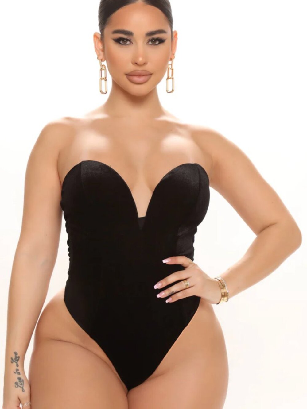 Black Velvet Strapless Bodysuit | Deep V Sweetheart Neck